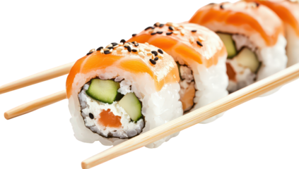 A row of delicious sushi rolls isolated on transparent background, featuring fresh salmon, creamy avocado, and crunchy cucumber, topped with sesame seeds and served with chopsticks