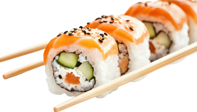 A row of delicious sushi rolls isolated on transparent background, featuring fresh salmon, creamy avocado, and crunchy cucumber, topped with sesame seeds and served with chopsticks - Powered by Adobe