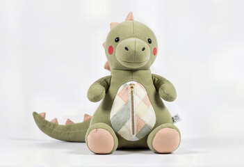 Adorable green plush dinosaur stuffed animal with a cute zipper pouch belly, a perfect cuddly companion toy for children's imaginative playtime and nursery decor.
