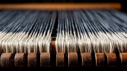 A close-up of a traditional wooden weaving loom with taut threads of grey and natural-colored yarn. Concept of craftsmanship, textile industry, and tradition.
