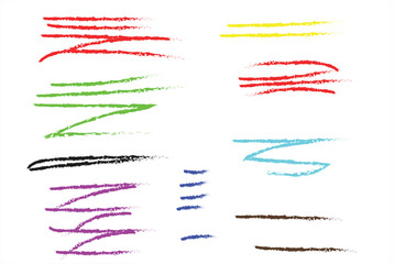 Black color crayon underline set - horizontal hand drawn chalk or marker highlighter strokes. Rough textured pencil lines with textured edges