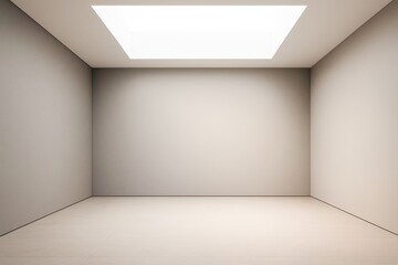 Modern empty room with clean beige walls and large ceiling light source for mockup or branding in contemporary architectural interior space.