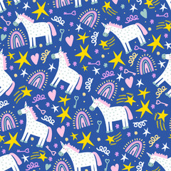 Hand drawn seamless vector pattern with cute unicorns, stars. Repetitive wallpaper on pink background. Perfect for fabric, wallpaper, wrapping paper or nursery decor.