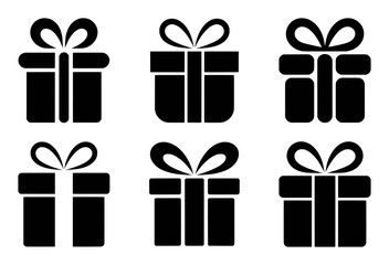Six Black Gift Box Icons with Ribbons on White Background