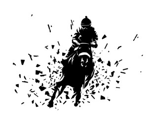 Obraz premium Horse racing. High contrast vector illustration of a jockey riding a horse at full speed, front view