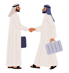 Two Arab businessmen in traditional Muslim dress shake hands. People concluding agreement. Partners handshake. Arabian men negotiation. Communication and partnership. Vector concept
