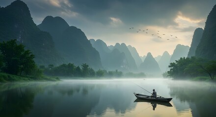 Serene Landscape with Mountainous River Scene and Fisherman in Small Boat During Misty Dawn