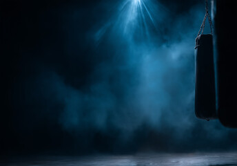 Black punching bag hanging in empty gym with dramatic blue spotlight and smoke, creating a dark and intense atmosphere