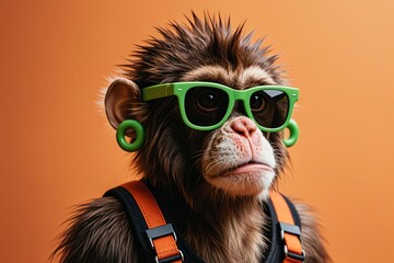 Realistic photo of a spiky brown-furred monkey wearing green oversized rectangular sunglasses and circular ear accessories with dark orange harness on warm orange background