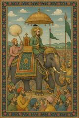 Indian mughal Art illustration, A richly decorated elephant carrying a Mughal emperor under a golden canopy