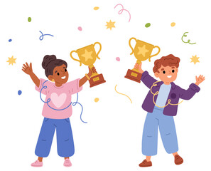 Joyful little boy and girl hold golden trophy cup in hands. Kids celebrating their victory in contest or competition. Award ceremony. Gold reward. Championship winners. Vector concept