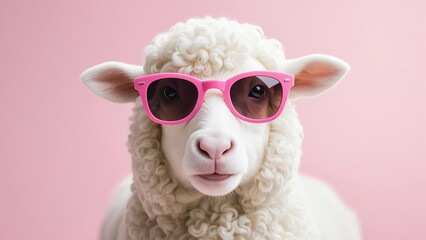 Photorealistic portrait of a white woolly sheep wearing bright pink sunglasses on soft gradient pink background