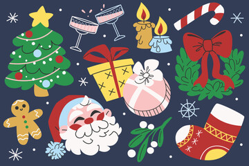 Festive set of Christmas elements. New Year's cartoon stickers. Xmas objects, Christmas tree, Santa Claus, gifts, wreath, stocking, candles, and sweets. Vector illustration