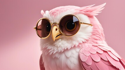 Obraz premium Photo-realistic owl with warm pink glossy feathers, white facial feathers fading into pink, gold-rimmed round sunglasses, golden beak, on smooth gradient pink background