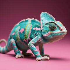 Obraz premium Photo-realistic chameleon with teal, pink, and yellow-green scaled patterns on a soft magenta gradient background, original pose and skin texture