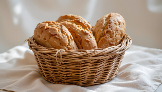 Fresh crusty bread rolls in wicker basket on white cloth, warm inviting rustic breakfast scene
