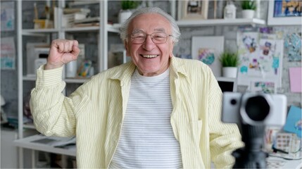 Senior influencer enthusiastically engages with audience while vlogging in a cozy home office, showcasing authentic content creation and connection