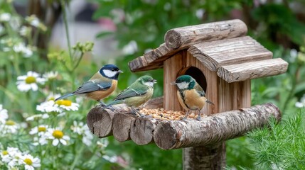 Three colorful birds enjoy seeds from a wooden shelter amid blooming flowers in a vibrant garden habitat