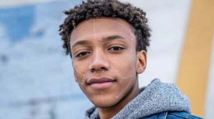 Young male with algorithmic portrait showcasing biometric data visualization, featuring facial mapping and modern technology in an urban setting