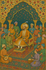 Indian mughal Art illustration, A grand Mughal emperor seated on a jeweled throne, surrounded by courtiers and musicians