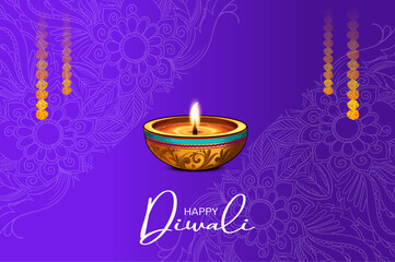 Naklejka premium Happy Diwali Festival Celebration with Traditional Diya Lamp on Purple Background