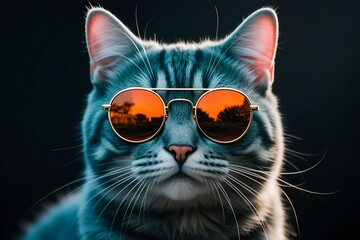 Naklejka premium Realistic close-up of a cat's head with soft blue-green fur and subtle red-pink highlights, wearing gold-framed sunglasses reflecting sky and trees, dark purple gradient background with film grain