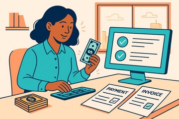 Woman managing online payments and invoices at computer in office background, holding cash with documents on desk, business concept illustration. Ai generative