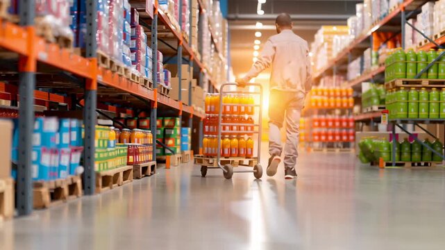 Man worker pushing cart with juice bottles in grocery store warehouse. Commercial logistics supply distribution.