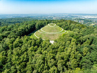 Krakow, Poland. Pilsudski Mound surrounded by the Wolski Forestet. The highest artificial mound in Poland. Erected 1934-1937 to commemorate Jozef Pilsudski and Independence of Poland. Aerial view