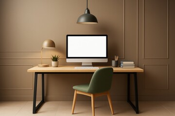 Minimalist workspace with computer mockup on wooden desk in modern interior for business branding or promotional design concept.