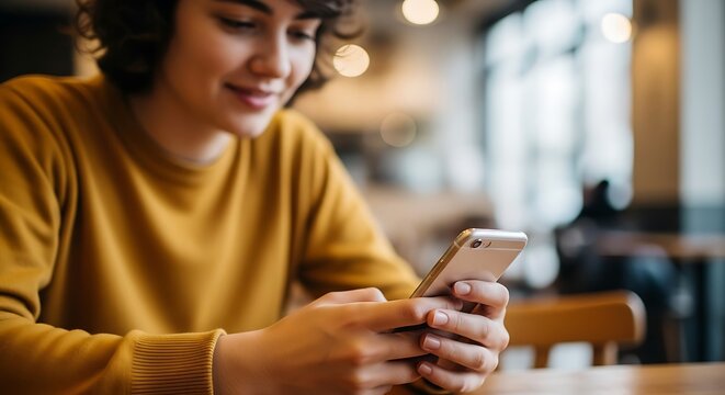 Young Woman Using Smartphone in Cafe.