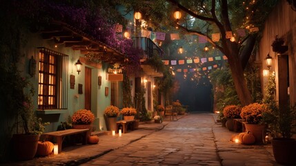 Mexican street decorated with papel picado, marigold flowers, pumpkins, and lanterns illuminated at night during Day of the Dead celebration.