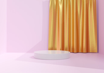 Minimal pastel scene with golden curtain and white podium