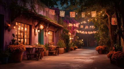 Fototapeta premium Traditional Mexican street decorated with papel picado and marigold flowers illuminated at night during Day of the Dead celebration.