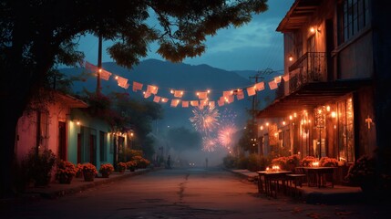 Obraz premium Nighttime Mexican street decorated with papel picado, glowing lanterns, marigold flowers, and fireworks in the sky during Day of the Dead festival.