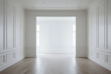 Bright and empty room with white paneling and wooden flooring