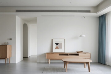 Minimalist modern living room with simple furniture and neutral tones