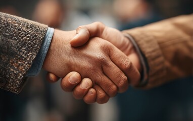 Two coworkers exchanging a supportive handshake in a warm environment symbolizing professional unity
