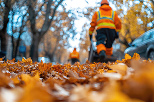 Civic Responsibility Shown by Workers Sweeping Leaves