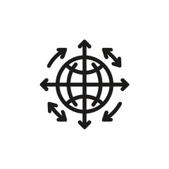 Minimal line icon of a globe with arrows circling, representing global connectivity and movement in a modern design. Isolated on transparent background. PNG, cutout