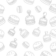 doodle burger pattern background. doodle fast food burger seamless pattern background. seamless pattern of hamburger in doodle style. Seamless Pattern of a Cheese Burger. Burger with stick. 