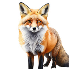 A young red fox, Vulpes vulpes, with a fluffy red coat stands isolated on a clean white background