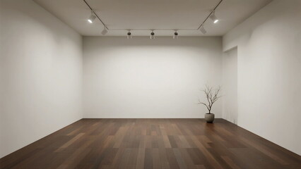 An empty minimalist room with white walls and wooden floor