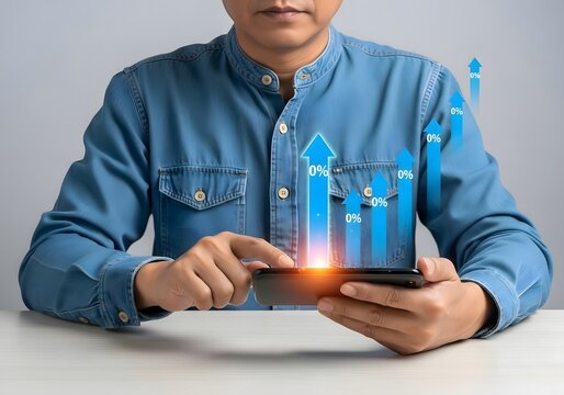 Person using smartphone with upward trending bar graph overlay showing zero percent increase rate
