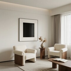 Fototapeta premium Minimalist Living Room with Armchairs and Abstract Wall Art