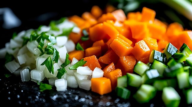 Fresh diced vegetables including bright orange carrots, white onions and green celery on dark background with selective focus for cooking preparation.