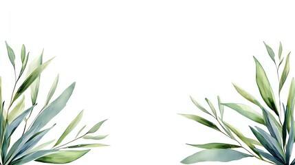 Fototapeta premium Watercolor olive branches with sage green leaves arranged symmetrically on white background, botanical art elements for wedding stationery and nature-inspired designs.