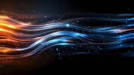 Obraz premium Glowing orange and blue light waves flow through dark space with sparkling particles, creating dynamic motion effect against black background.
