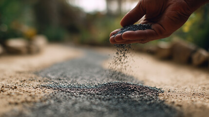 A hand is pouring a bag of black sand onto the ground