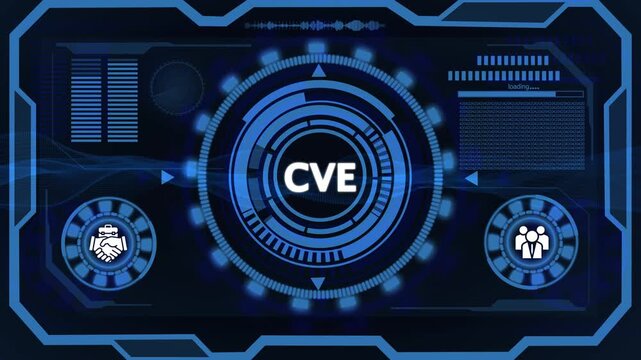 Futuristic HUD interface with CVE acronym in glowing blue concentric circles and digital background